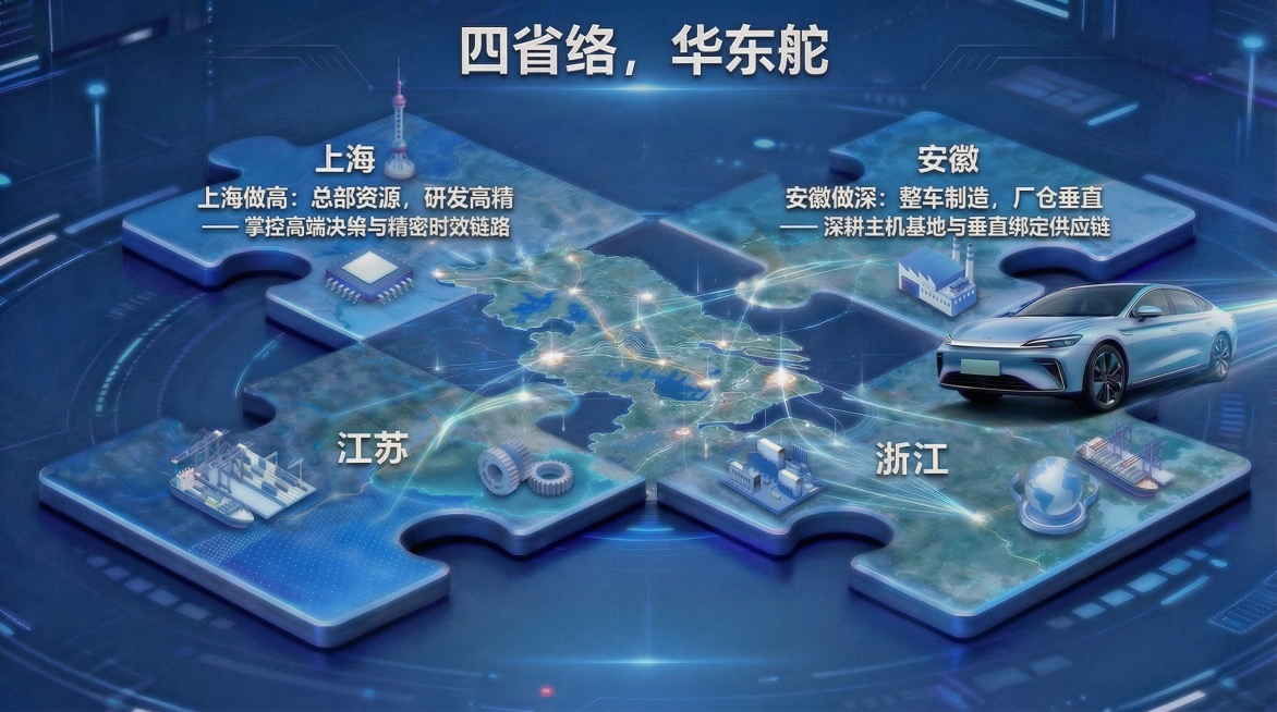 基于原图修改，删除底部的“江苏做宽：部件集群，全域配套 —— 串联零部件网络与跨域流转枢纽”和“浙江做活：智链全球，生态后服 —— 贯通出海履约与后市场全链服务”两段文字，同时修正上海和安徽的错误文字预览效果