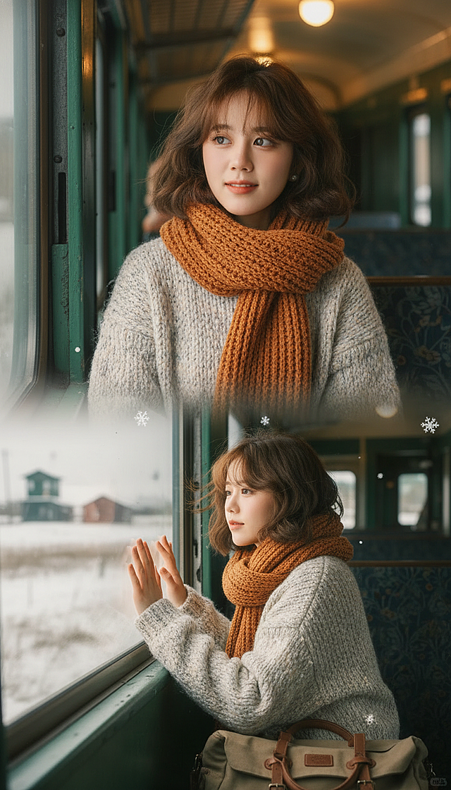上宫格：女生穿米白杂色软糯毛衣（混纺浅灰细纱），浅橘色毛线围巾松垮绕颈（针织纹理粗犷），老式边境绿皮火车背景。大特写镜头，车厢暖光从头顶简易吊灯洒下，发丝柔软蓬松，眼神带着对边境小镇的好奇，嘴角微弯。
下宫格：中景镜头，女生坐在窗边，双手贴在冰凉的车窗上，窗外是飘雪的草原、远处的边境哨所与低矮的木屋。发丝被车窗缝的风撩起，杂色毛衣的肌理感与粗针织围巾互补，手边放着一个复古帆布包。
衔接元素：中间穿插不规则形状的雪花图标