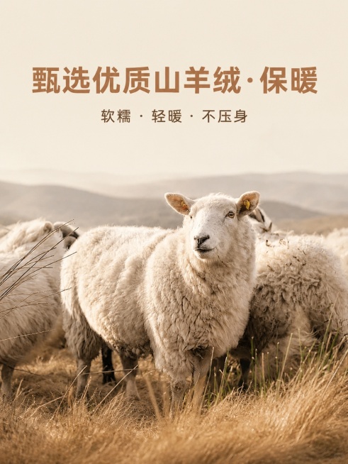 温馨自然高级感，浅米杏背景（全局底色 #F2E9DC），大地色系，商业摄影质感，画面温暖舒适。参考原图的配色和排版风格，保持色调统一。画面顶部区域预留放置大标题 "甄选优质山羊绒·保暖"，棕色调 #B预览效果