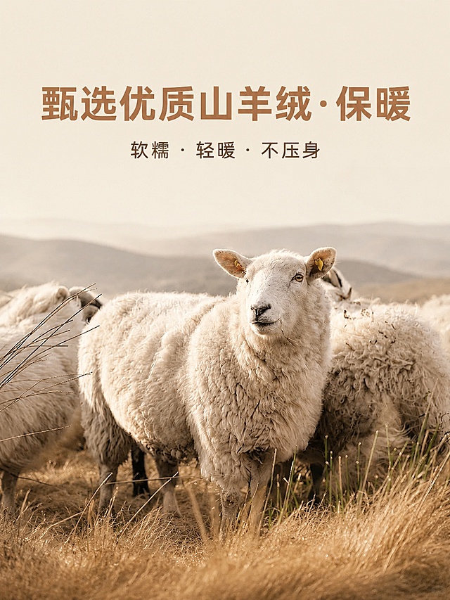 温馨自然高级感，浅米杏背景（全局底色 #F2E9DC），大地色系，商业摄影质感，画面温暖舒适。参考原图的配色和排版风格，保持色调统一。画面顶部区域预留放置大标题 "甄选优质山羊绒·保暖"，棕色调 #B07D49 加粗字体，居中对齐，字号约占画面高度12%。标题下方核心标语 "软糯 · 轻暖 · 不压身"，深棕色 #5A4A33  smaller 字体，居中对齐。中部放置群羊的自然场景图，保留原图中绵羊的绒毛质感、颜色和整体结构，底部放置核心标语。整体无边框满铺，主体清晰突出，氛围温暖自然。柔和自然光从侧上方照射，突出羊绒面料的蓬松绒感，整体明暗层次柔和，产品清晰真实，画面干净高级。主体配色：#B07D49（棕标题）+#FFFFFF（羊毛白）+#8B6E4C（浅棕背景）；辅助色：#5A4A33（深棕文字）。所有文字颜色保持统一两种主色，文字清晰可辨，排版宽松，不遮挡主体场景。平视角度，羊群场景居中展示，上下分区放置标题和标语，构图均衡舒适。避免：变形，水印，文字错乱，产品图模糊，背景杂乱，颜色偏差。