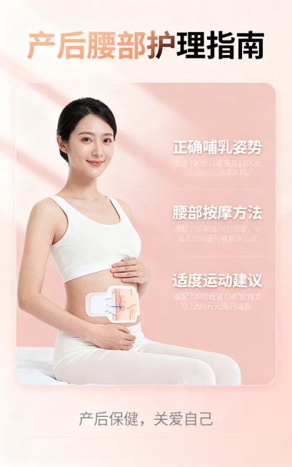 产后腰部护理知识科普海报，温馨暖色调，柔和背景搭配清晰文字，适合产后保健宣传，尺寸为750像素宽1200像素高预览效果