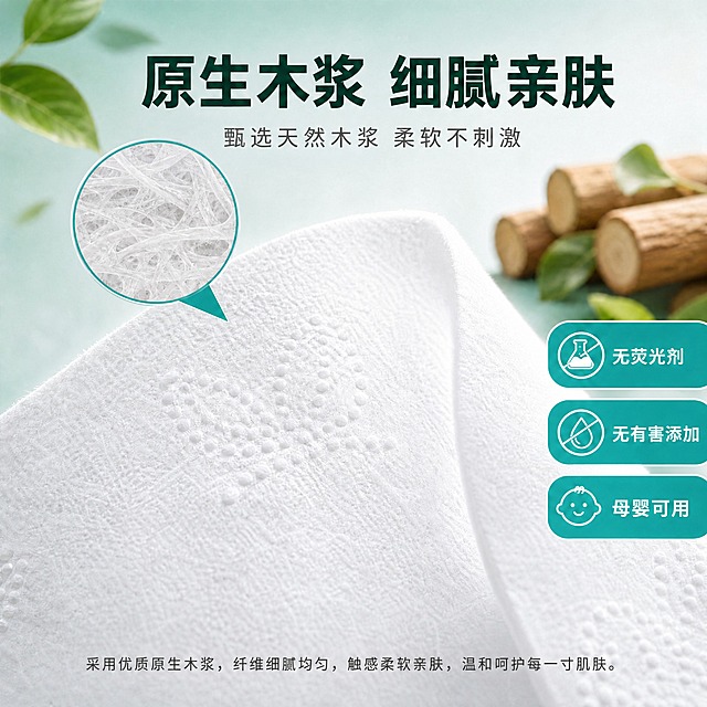 将图中的纸巾颜色调整为纯净的亮白色，去除任何偏黄、米白或暖黄色调，呈现洁白干净的原生木浆白色。保持纸巾的立体压花纹理、纤维质感、光影层次和所有文字、图标、背景元素完全不变。整体画面保持洁净清爽的品质感。