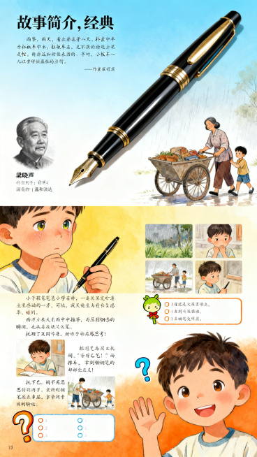标题页：一支复古经典的黑色钢笔，金属笔身有光泽，背景是淡蓝色渐变，明亮清新；故事简介页：雨天里，一位穿着朴素的中年女性拉着板车，小男孩在旁边帮忙推车，画面充满温情；作者介绍页：梁晓声的肖像画，写实风格预览效果