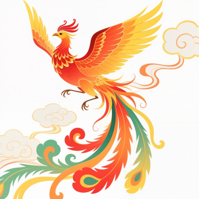 中国传统国潮风格插画，一只色彩绚丽的凤凰展翅飞翔，主体羽毛呈橙红色渐变，翅膀羽毛尖端为明亮的黄色，带有金色高光点缀，头部有精致的红色冠羽，颈部羽毛层次分明，尾部拖着飘逸的五彩长尾，包含红色、橙色、绿色和黄色的卷曲飘带，周围环绕着传统祥云图案，云朵呈白色、浅黄和橙色，线条流畅优美，整体构图充满动感与力量，色彩浓郁和谐，具有鲜明的中国传统文化韵味和现代设计美感，画面背景为纯白色，突出主体形象的精致……预览效果