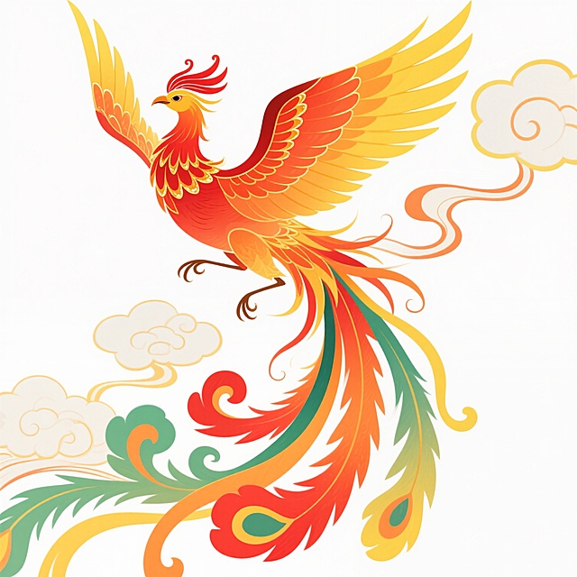 中国传统国潮风格插画，一只色彩绚丽的凤凰展翅飞翔，主体羽毛呈橙红色渐变，翅膀羽毛尖端为明亮的黄色，带有金色高光点缀，头部有精致的红色冠羽，颈部羽毛层次分明，尾部拖着飘逸的五彩长尾，包含红色、橙色、绿色和黄色的卷曲飘带，周围环绕着传统祥云图案，云朵呈白色、浅黄和橙色，线条流畅优美，整体构图充满动感与力量，色彩浓郁和谐，具有鲜明的中国传统文化韵味和现代设计美感，画面背景为纯白色，突出主体形象的精致细节和华丽色彩。