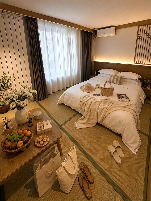 日式原木风酒店大床房，保持整体色调不变，画面真实自然协调，增强生活感和入住感，素人感，精致好看，不要AI感，不要太假。增加更多素人感摆件物品，物品更丰富，有生活感和氛围感，小红书日式酒店氛围，真实感，4K高清，不拼图。床上放草帽、相机、草编包，旁边加一副墨镜和一本旅游攻略，小桌上的水果旁边加两杯气泡水和一盘曲奇饼干，地上的纸袋旁边放一双凉鞋，花瓶旁边增加香薰和首饰盒，床头柜上放一杯水和手机，增加小绿植、拖鞋、薄毯等生活细节。