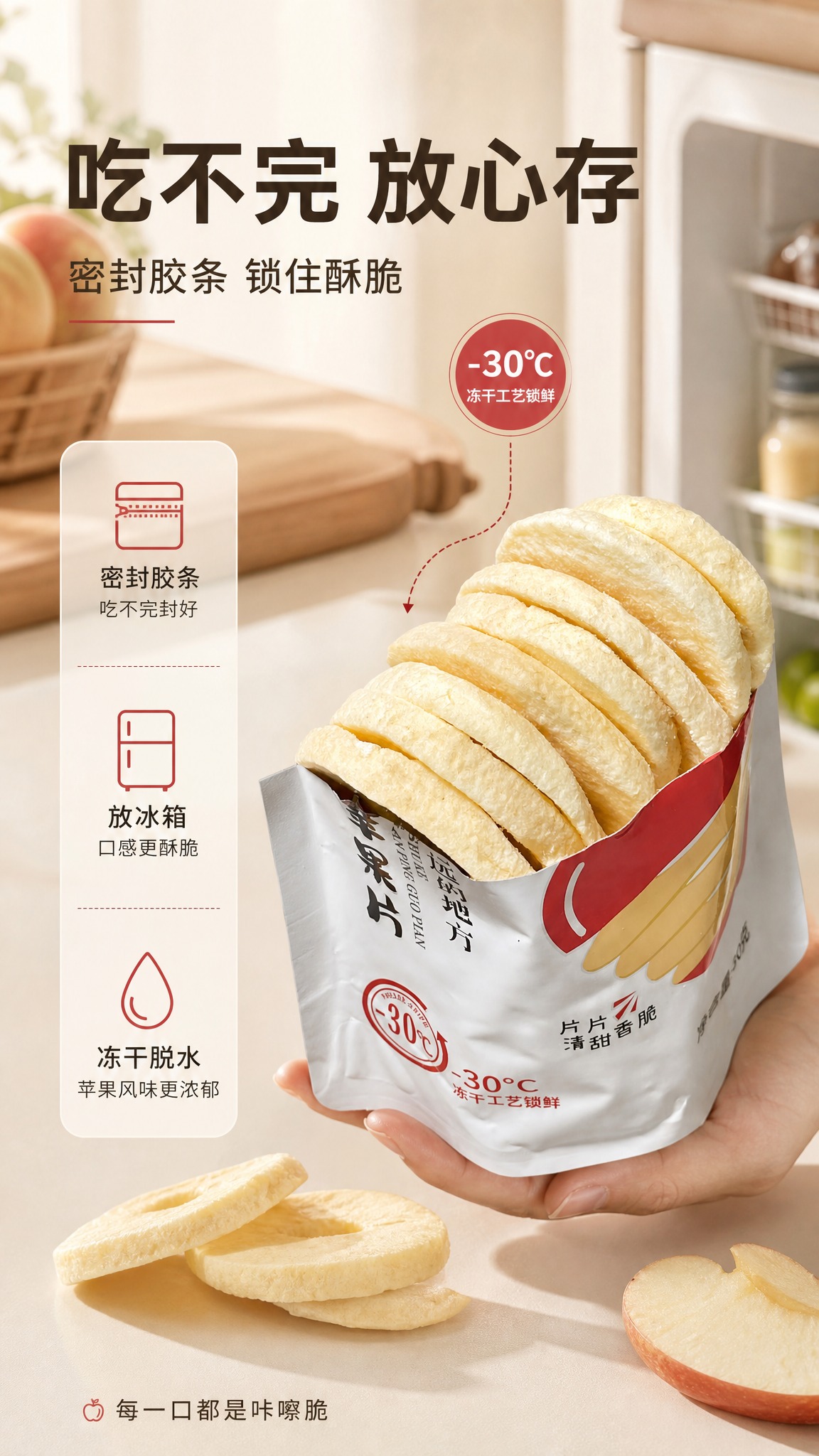 使用图一的开袋展示冻干苹果片实拍作为主素材，制作一张9:16竖… - 图片创意预览