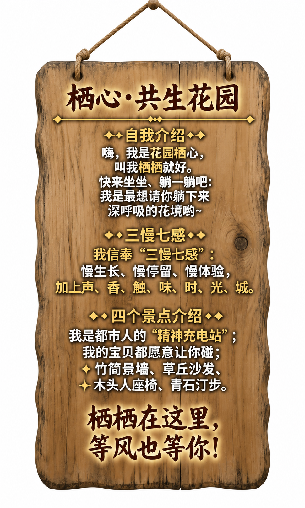 基于参考图，保持悬挂实木挂牌样式不变，顶部麻绳悬挂，原木纹理木… - 图片创意预览