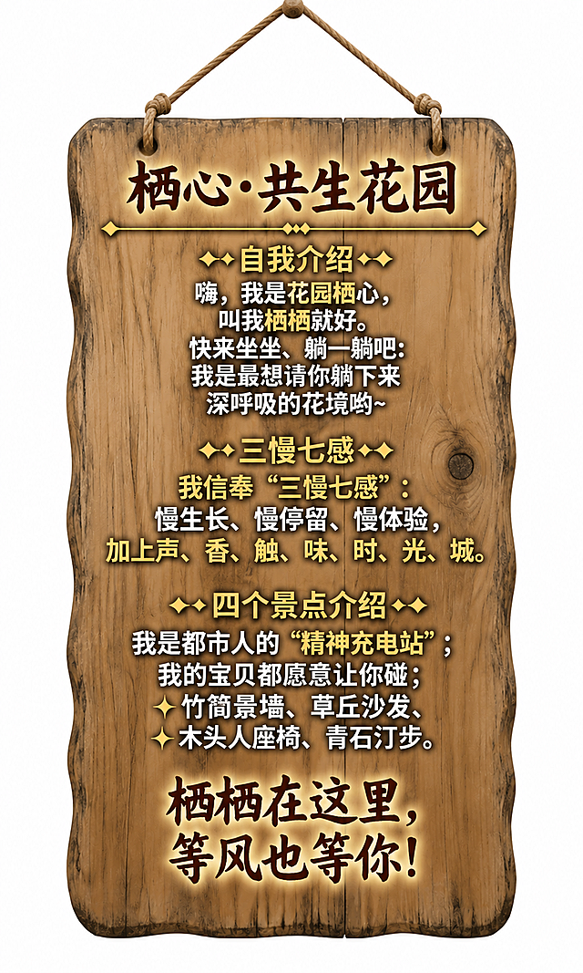 基于参考图，保持悬挂实木挂牌样式不变，顶部麻绳悬挂，原木纹理木牌，边缘不规则波浪形，纯白色背景。将木牌比例调整为宽300mm高500mm的竖版比例（宽高比3:5），所有文字内容完整保留并适配新的竖版比例重新排版，布局舒展美观，木牌质感和文字风格与原图完全一致，高清精致