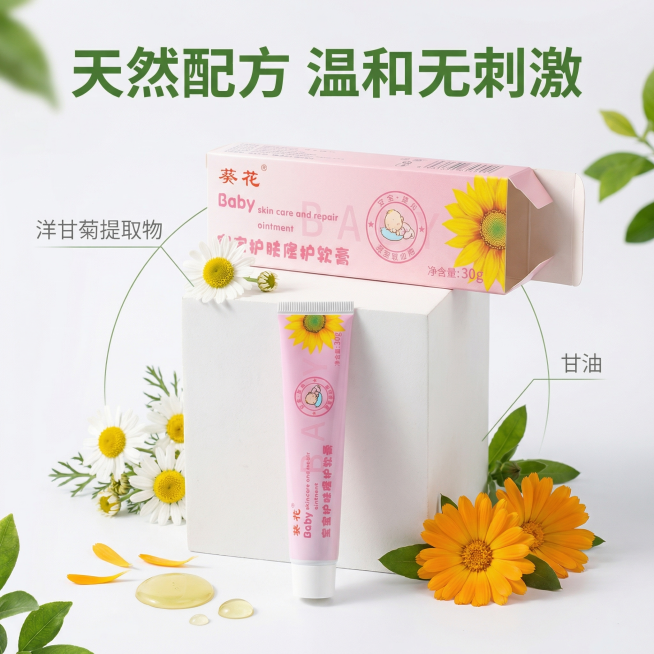 [主图 2] 儿童护肤软膏核心成分解析图
[氛围风格] 治愈天然风格，干净柔和
[画面元素] 商业摄影质感、光线柔和通透、产品清晰真实、画面干净高级。产品放置在画面中心偏下位置，四周环绕天然草本植物成预览效果