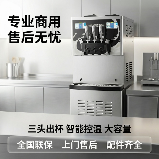 原图为商用三头冰激凌机，展示产品整机规格参数与售后保障，产品放置在画面中上部，底部使用半透明悬浮条罗列核心服务承诺，整体保持高大上简洁风格，全屏无边框，产品外观和原图一致。文案：左上角主标题"专业商用预览效果