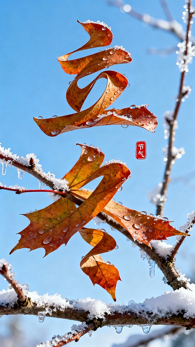 枫叶叶片拉长扭曲变形成”立冬” 二字，叶片上有晶莹的露珠点缀。背景是一片晴朗的蓝天，画面中穿插着带有冰霜和薄雪的树枝，营造出冬日温暖的氛围。“立冬” 文字位于图像的中上部，红色小印章”节气“点缀，整体画面色彩明亮，富有创意，突出立冬节气的主题