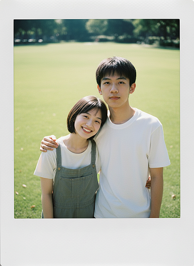 胶片风捕捉清新实景，情侣在绿意盎然中展现自然笑容。