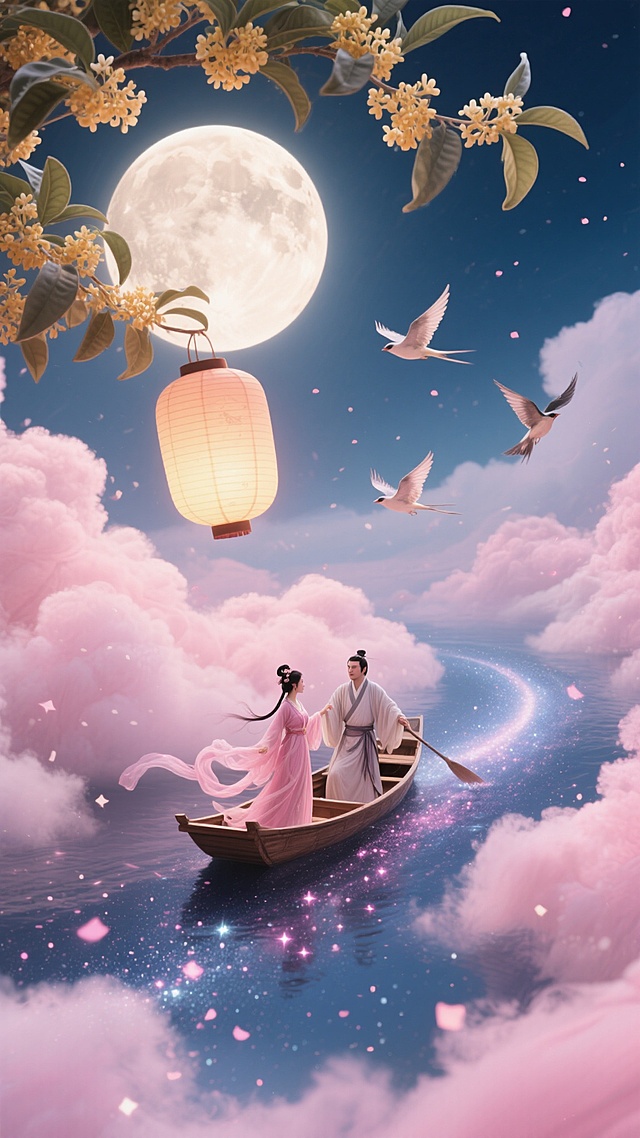 粉云缭绕，桂花月轮低垂如灯笼，牛郎织女乘飞鸟之舟划过银河，洒下粉色星雨