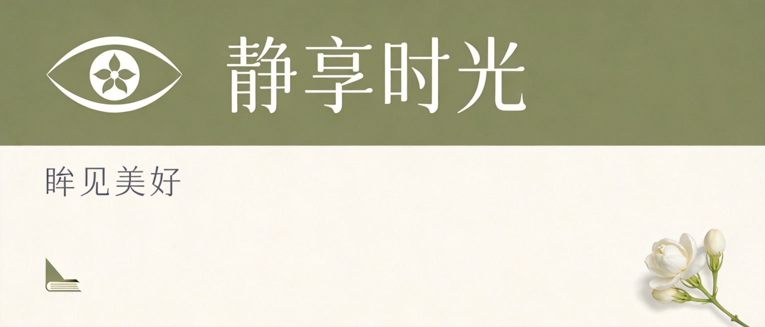 横版极窄海报，保持现有简约设计：左侧茉莉眼睛融合品牌Logo，主标语“静享时光”，下方小字添加“眸见美好”，色调保持低饱和豆沙绿和浅米白，保留左下角书角和右下角茉莉装饰，整体风格干净极简，高级静谧。比预览效果