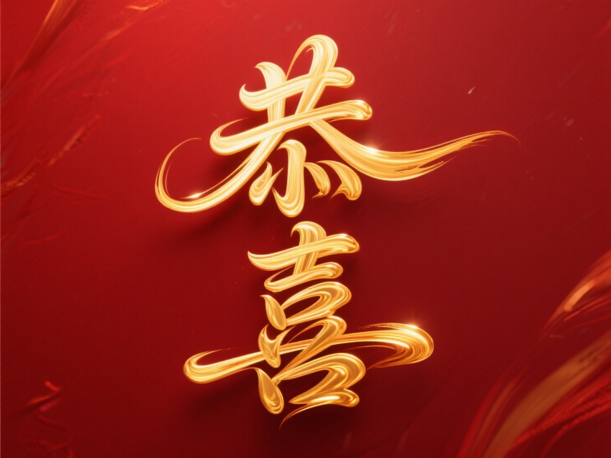 主标题为“恭喜”二字，流动的金色笔触，文字竖向排列，深红色背景预览效果