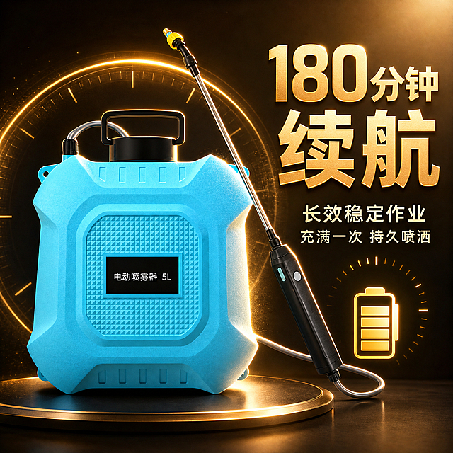 电动喷雾器商品主图，展示180分钟长续航卖点，高级背景，字体配色不用蓝色，文案突出"180分钟续航"，适配淘宝天猫平台