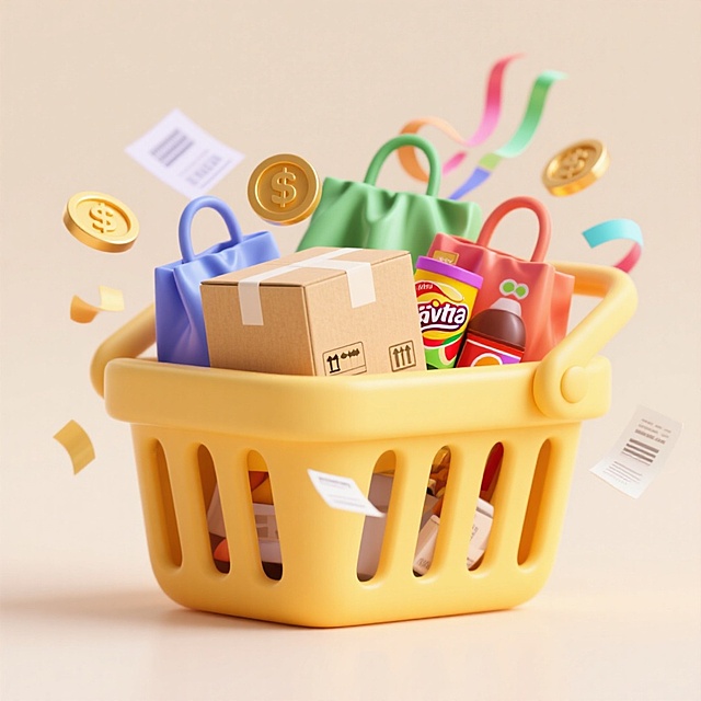 一个黄色购物篮，里面有快递盒、购物袋、零食饮料，点缀金币、彩带、票据，浅米色背景