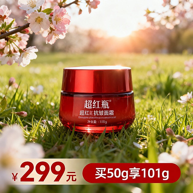 生成三张不同场景的面霜电商主图，价格“299元”，比例1:1，超红瓶 抗皱面霜 买50g享101g