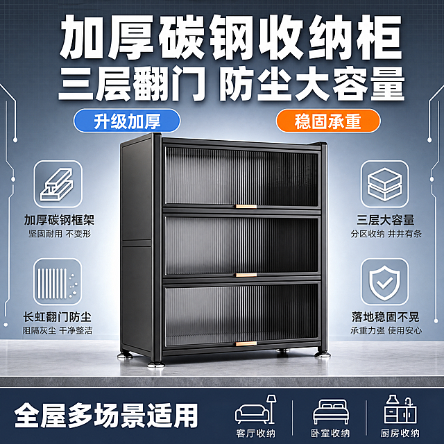 [单张主图] 加厚碳钢三层翻门收纳柜 爆款促销感路线 淘宝天猫1:1主图 目标是3秒内传达卖什么 强在哪 为何值得买 强转化信息密度型
[画面主体] 画面主体为黑色加厚碳钢三层翻门收纳柜 保持与输入产品图完全一致的外观结构 三层长虹竖纹透明翻门 金色长条形拉手 黑色碳钢框架 底部银色可调脚 产品完整不裁切 正面微侧角度 主体占画面约50% 位于画面中部偏右 柜体落地放置 底部接触地面 有自然接触阴影 无悬浮感
[构图版式] 采用顶部大标题型版式 标准三段结构 顶部28%区域放主标题和核心卖点 中部放产品主体占55% 底部17%放通栏信息条 整体信息层级清晰 视觉冲击力强
[场景元素] 背景为浅灰蓝色渐变 带细微网格纹理 科技品质感 产品后方有柔和光晕衬托主体 底部通栏为深灰蓝色 产品放置在浅灰色台面之上 台面有轻微反光 画面左右两侧点缀简约几何线条装饰 不抢主体 整体干净现代 突出产品专业靠谱感
[文案版式] 顶部区域居中放置超大主标题 白色粗黑体 分两行 第一行「加厚碳钢收纳柜」 第二行「三层翻门 防尘大容量」 主标题字号最大 主标题下方左右各放一个圆角标签胶囊 左侧蓝色标签白字「升级加厚」 右侧橙色标签白字「稳固承重」 中部产品左右两侧各放两组卖点图标加文字 左侧上下排列 右侧上下排列 每组为白色线稿图标加深灰色文字 左上方「加厚碳钢框架」 左下方「长虹翻门防尘」 右上方「三层大容量」 右下方「落地稳固不晃」 底部通栏区域左侧放白色大字「全屋多场景适用」 右侧放三个小图标分别代表客厅 卧室 厨房 图标下方配小字说明 所有文字清晰可读 不遮挡产品主体关键结构
[光影质感] 主光从正前方偏上照射 产品正面明亮 侧面有自然明暗过渡 体现柜体立体感 黑色碳钢表面有细腻金属质感和环境反光 长虹玻璃门呈现半透明竖纹肌理 金色拉手高光明显 底部脚座金属质感清晰 柜体在台面上投下柔和阴影 整体商业摄影棚拍质感 干净利落
[配色字体] 主色调为浅灰蓝 深灰蓝 白色 点缀橙色和金色 整体冷调专业感 字体全部使用粗黑无衬线体 主标题最大最粗 标签文字中等字重 卖点文字和底部文字字重较轻 层级靠字号和字重明确区分 不混用多种字体
[比例分辨率] 1:1正方形 2048*2048 2K分辨率 文字清晰锐利 产品细节清晰
[负向提示词] 产品变形 结构错误 层数不对 颜色偏差 文字模糊 错字 乱码 水印 平台Logo 多余人物 杂乱背景 悬浮柜体 穿模 边缘硬切 原图白底残留 过度锐化 手写体 竖排文字