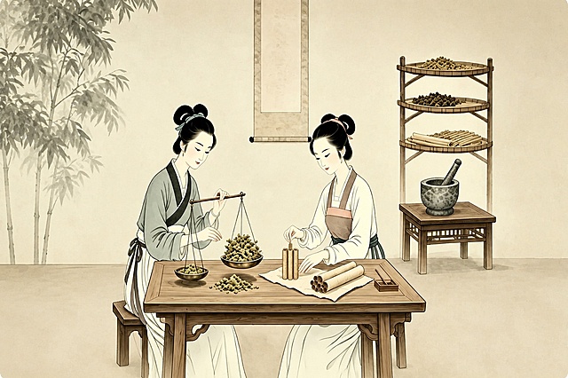 将图片中的两位人物和整张桌子调整到画面水平居中的位置，保持原来的国画工笔画风格不变，保留所有原有内容（包括左侧竹子、右侧置物架、石臼等物品），仅调整人物和桌子在画面中的位置使其居中，不改变人物、物品的样貌和内容