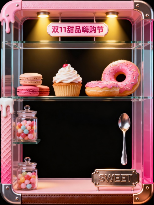 3D 风格边框，风格简约创意且充满粉色甜美感，3D 立体感鲜明。边框以甜品展示柜轮廓为主创意。环绕的收纳中放有马卡龙、奶油蛋糕、甜甜圈、糖果罐、甜品勺等元素，大小对比错落有致、层次鲜明；最上方有暖黄射预览效果