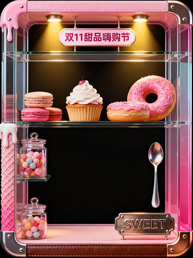 3D重拟物风甜品柜，玻璃与金属质感交织，粉色系梦幻糖果陈列，波普艺术点缀，双11甜蜜购节氛围拉满。