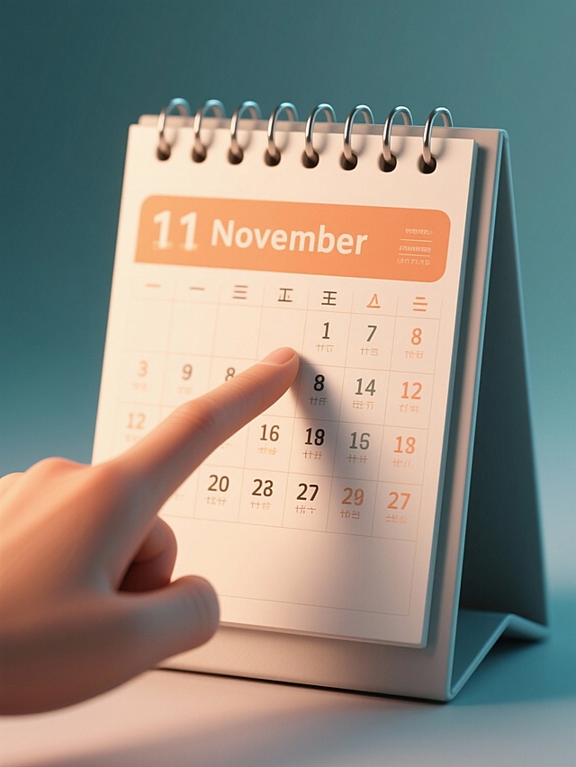 镜头画面：一张印有11月的日历特写，一根手指指向日历。