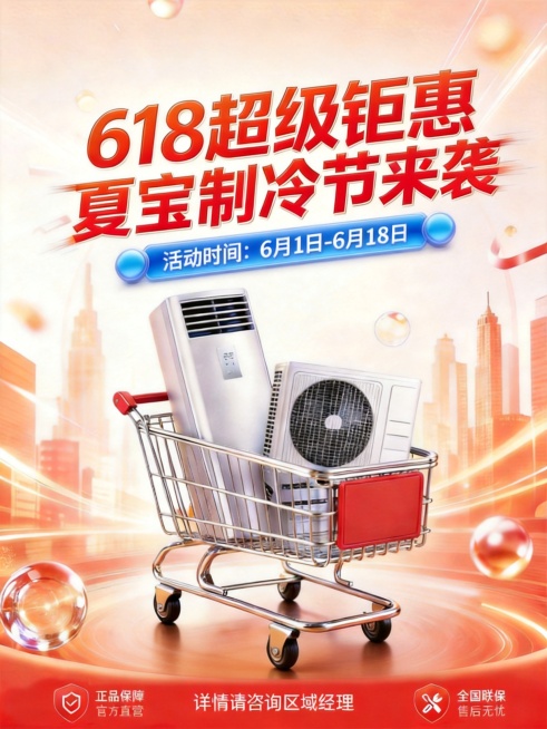 去掉图片最上方的“618”文字和两侧横线，将“618超级钜惠 夏宝制冷节来袭”以及下面活动时间两行文字整体向下移动位置，保持背景和其他内容不变，保持原海报风格一致预览效果