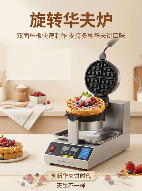 一张3:4商用旋转华夫炉主图首图，温馨商用风格，浅暖米色温馨餐厨背景，产品机器放在画面中下偏右位置，左上方留出排版空间，保持产品结构不变，机器上点缀一份做好的华夫饼，添加新鲜莓果装饰。主标题 "旋转华预览效果