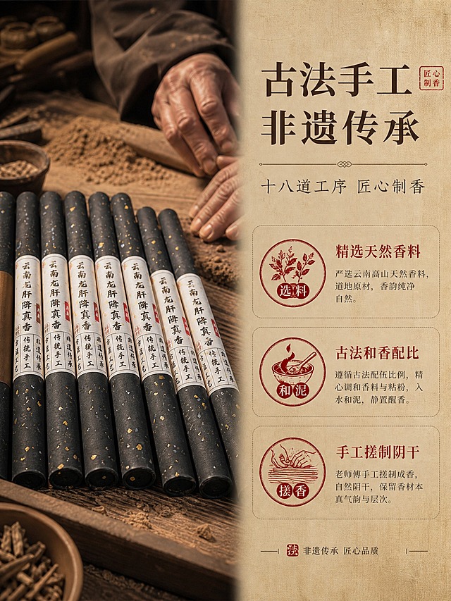 [详情页-3] 云南龙肝降真香手工线香 细节工艺 古法手工制作 非遗传承匠心。
[商品] 使用【图1】云南龙肝降真香黑色洒金线香管；保留黑色洒金纸筒外观 白色标签文字 红色印章图案 圆柱形结构和比例；商品处理 增强洒金颗粒质感 标签文字清晰化 纸筒纹理自然 不改变外观结构和颜色。
[画面] 页面目标 产生渴望 工艺故事与细节质感 左图右文版式 左侧是微距质感大图 展示线香的细腻纹理 一根根线香整齐排列 可以看到天然香料的细微颗粒和手工痕迹 旁边有一双老匠人的手正在搓制线香 背景是古朴的木工作台 散落着香料粉和工具 右侧是文字说明区 配三个工艺步骤图标 选料 和泥 搓香 每个图标配简短文字说明 整体体现非遗古法手工的匠心品质。
[视觉] 套系策略：风格=东方禅意新中式高级商业摄影；标题字=宋体衬线粗体；正文字=宋体细体；主色=原木暖棕；背景延展=基于暖棕做深浅层级 宣纸纹理 木材质感 同色系渐变；强调色=朱砂红 仅用于印章 图标和重点文字点缀；标题色=深棕褐色；正文色=暖灰色；组件=细线描边圆角卡片 印章式图标 古典分隔线；光影=左侧暖调侧光 突出材质纹理 右侧文字区柔和均匀光。
[文字] 右侧顶部主标题 古法手工 非遗传承 副标题 十八道工序 匠心制香 下方三个工艺步骤 精选天然香料 古法和香配比 手工搓制阴干 每个步骤配一个圆形印章式图标 全部文字横排 宋体字 主标题深褐色 正文暖灰色 重点词朱砂红标注。
[规格] 图片比例3:4竖版 2K 避免变形 错字 文字过小 手部畸形 现代机器设备 冷色调背景。