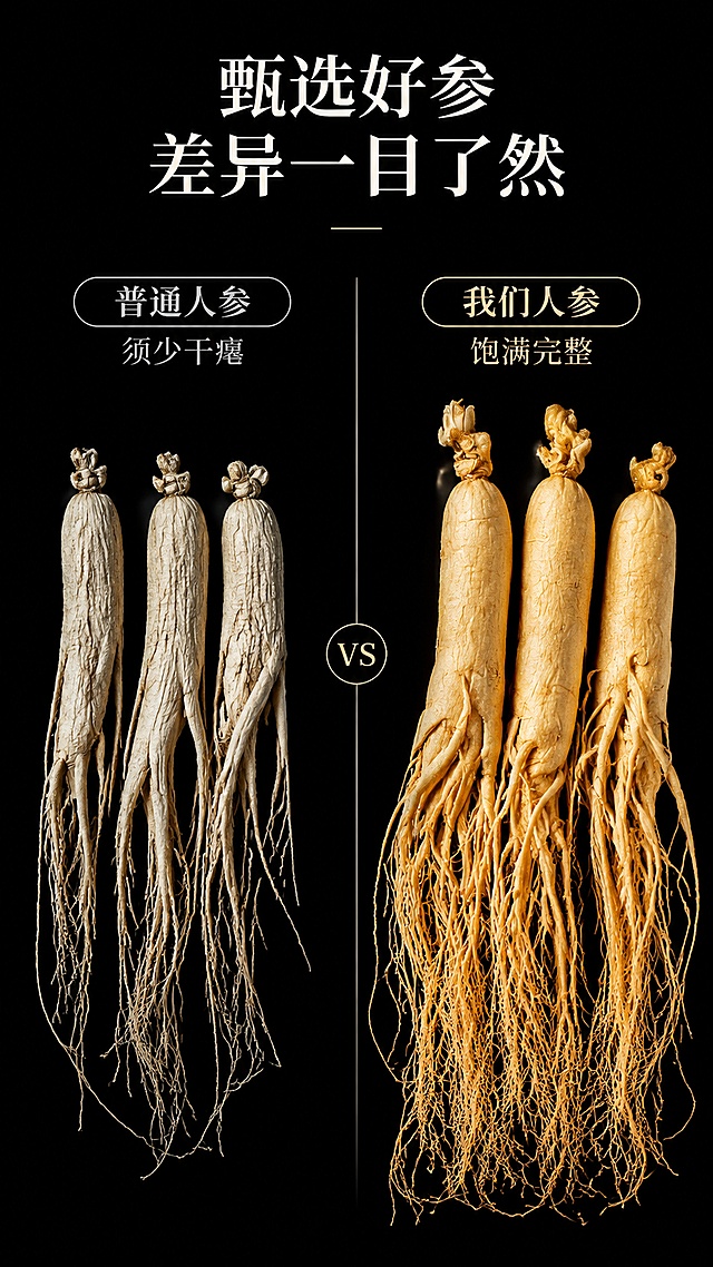 [第2屏] 痛点对比页，对比普通人参和本品人参，本屏使用【图1】人参主体
[氛围/风格] 专业对比展示，清晰直观，高端沉稳风格
[元素布局] 左右分栏对比构图，左栏展示普通人参：须根稀疏、纹理杂乱，右栏展示本品人参：须根完整饱满、纹理清晰，对比一目了然；左右各配标题说明，背景纯黑色
[光影质感] 均匀布光，对比清晰，产品明暗层次分明
[配色色系] 背景纯黑色；左栏浅灰色调，右栏保留人参原色米黄，主标题白色对比文字
[视角构图] 左右对称对比，构图均衡，阅读动线从左到右
[文字版式] 顶部主标题「甄选好参 差异一目了然」，左栏小标题「普通人参 须少干瘪」，右栏小标题「我们人参 饱满完整」，文字清晰不遮挡产品
[比例分辨率] 9:16竖版比例，4K分辨率，高清画质
[负向提示词] 人参变形，对比模糊，文字错乱，颜色偏差，背景杂乱