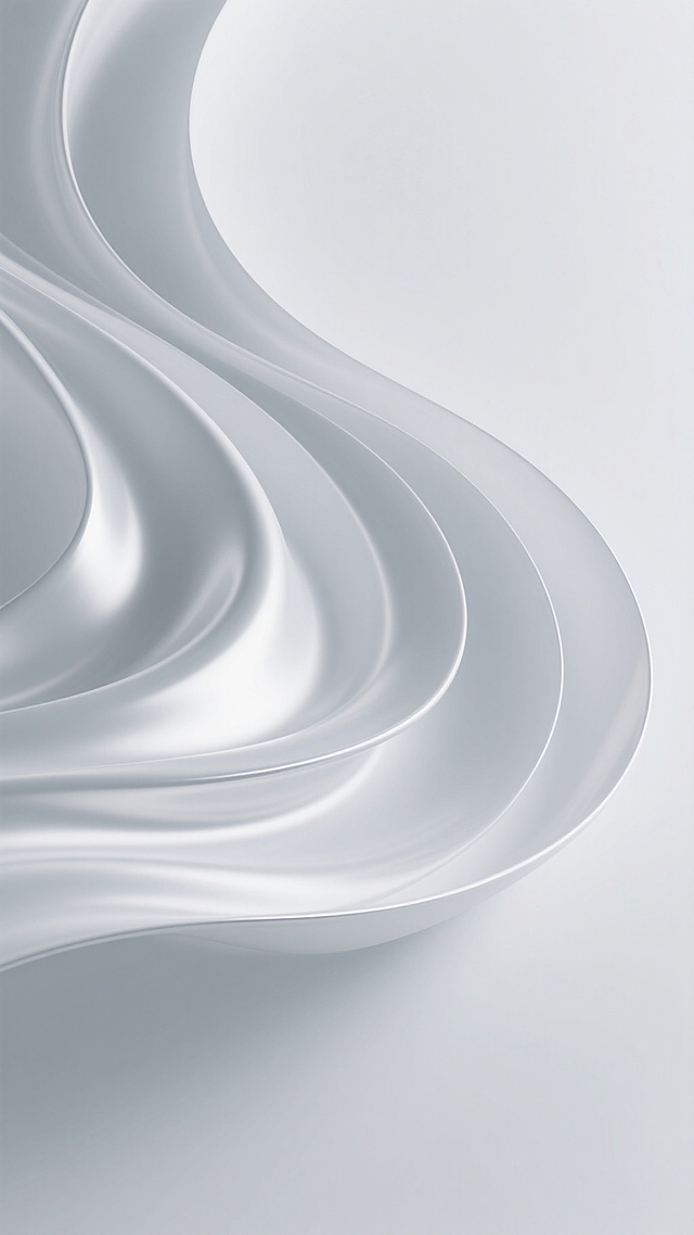 一张以纯净的白色和浅灰色为主色调的背景图，画面中充满了流畅、优雅且富有动感的曲线，这些曲线呈现出光滑细腻的3D质感，仿佛是被轻柔的风吹动的丝绸或液态金属，光影效果柔和且层次丰富，高光部分明亮但不刺眼，阴影过渡自然，营造出一种宁静、高端且现代的氛围，整体构图具有强烈的视觉引导性和流动感，适合作为简洁而富有设计感的背景使用。