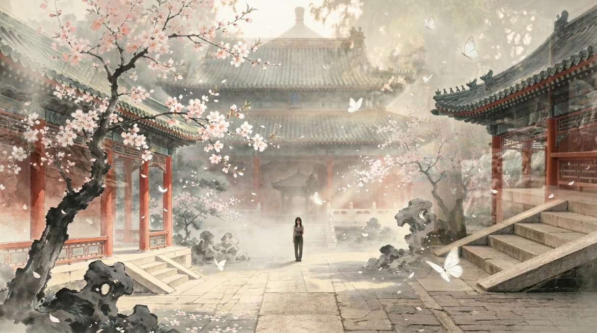 将图一和图二融合，古今画面同框交融，时空重叠，缩小画面中的人物尺寸，去掉图二的所有文字，保留故宫场景和桃花水墨融合效果，16:9横屏构图，电影级画面，8K超高清，光影细腻柔和，氛围感拉满预览效果