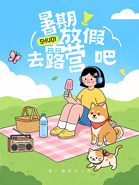 夏日露营户外活动宣传蓝色手绘卡通风小红书封面