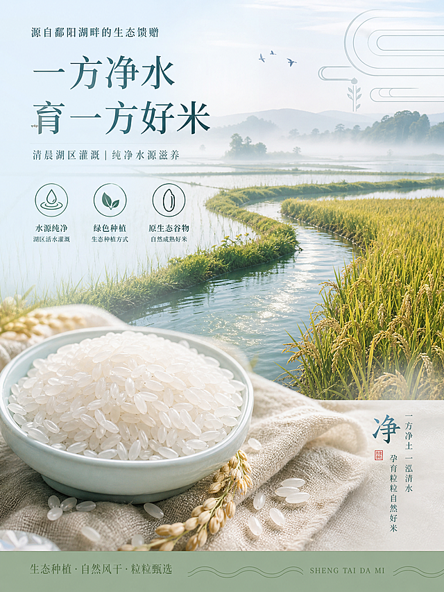 生态大米副海报，以鄱阳湖灌溉水田为背景，澄澈水流蜿蜒滋养稻穗，饱满米粒置于质朴棉麻衬底，搭配简约水利纹样，凸显水源纯净、绿色种植、原生态谷物的产品优势，契合A4竖版电商详情宣传调性，色调以清浅湖绿、柔雾米白、通透浅蓝为主，弱化浓艳色彩，突出高端清新的电商质感