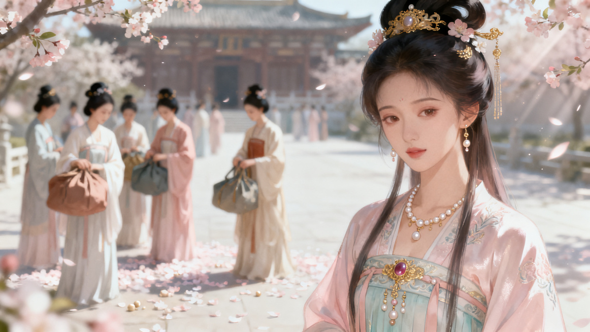 中远景开皇隋宫偏院，浅衫宫女成群收拾包袱离宫，人群虚化，庭院海棠落花满地，暖春日柔光。唯美仙气新中式柔光古风插画，温柔言情国风原画，柔焦氛围感唯美古风，非传统工笔、非厚重写实厚涂，全片人物统一同款唯美预览效果
