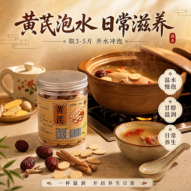 在这张黄芪日常泡水场景图的基础上，添加精美海报文案与版式设计，形成完整的商品营销海报。

【产品保真】黄芪罐装产品100%还原上传商品图的产品外形、包装、LOGO、印刷文字、净含量，以上传图为唯一商品主体来源，完整保留原图中的罐型、轮廓、结构、比例、金属瓶盖、标签版式、黄芪字样、净含量100g、二维码、条形码、材质质感、颜色与正面朝向，包装、配色、产品结构与标签布局均与上传图保持一致；设计仅作用于背景、光影、道具、版式和文字区；商品主体保持清晰完整，文字不遮挡主体。

【文案锁定，必须完整呈现在画面中】
主标题："黄芪泡水 日常滋养"
副标题："取3-5片 开水冲泡"
卖点标签（3条）："温水慢泡"、"甘醇温润"、"日常养生"
装饰短句："一杯温润 开启养生日常"

【版式设计】
- 主标题置于画面上方，新中式书法风格大字，深棕色，醒目大气
- 副标题在主标题下方，小号宋体，浅棕色
- 3个卖点标签以圆形或圆角小卡片形式分布在画面右侧或下方空白处，米白底深棕字
- 装饰短句置于画面底部，居中，纤细字体
- 整体排版精美，留白舒适，文案不遮挡产品与茶汤主体
- 四边留足安全边距，文字清晰可读

【风格】新中式养生风，写实商业摄影基底 + 精致文字排版
【氛围】温暖午后光，温润养生感，画面干净有质感

画面中所有信息区域必须填充完整合理的内容，不得出现空白框、空白占位、横线待填写区域。
严格锁定宽高比为1:1。