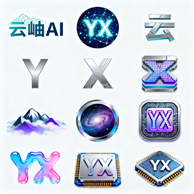 1. 云岫AI字母标Logo：融入云雾山水线条，未来科技风格，低多边形晶格化设计，青蓝渐变，几何切割，极简科技感
2. 云岫AI图形标：圆形图标，字母YX包裹发光粒子效果，深蓝色星空背景，发光线条，赛预览效果