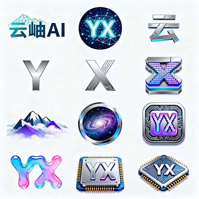 1. 云岫AI字母标Logo：融入云雾山水线条，未来科技风格，低多边形晶格化设计，青蓝渐变，几何切割，极简科技感
2. 云岫AI图形标：圆形图标，字母YX包裹发光粒子效果，深蓝色星空背景，发光线条，赛博科技风
3. 云岫AI汉字标：云字几何重构，结合AI芯片纹理，未来感科技字体，灰蓝银渐变色，极简科技
4. 云岫AI字母组合：Y在上X在下堆叠设计，穿插科技感电路纹路，留白负空间设计，银灰色调，极简几何
5. 云岫AI抽象图形：以山峰云雾为灵感，抽象几何化处理，融入字母Y隐形结构，蓝紫色渐变，科技感渐变，矢量图标
6. 云岫AI像素风Logo：复古未来像素风格，字母YX像素化，发光描边，霓虹科技感，紫蓝色调，小程序方形图标
7. 云岫AI徽章式Logo：圆角方形徽章，环绕电路纹理，中心字母YX对称设计，金属质感，深空灰蓝科技风
8. 云岫AI负空间Logo：圆形外框，内部负空间形成YX字母，结合星云渐变，科技感通透质感，极简设计
9. 云岫AI流体渐变Logo：液态流动渐变，字母YX融合流体形态，蓝粉渐变色，柔焦科技感，现代流行风格
10. 云岫AI芯片风Logo：矩形芯片底座，字母YX设计为芯片线路，金色触点，蓝银配色，硬核AI科技感