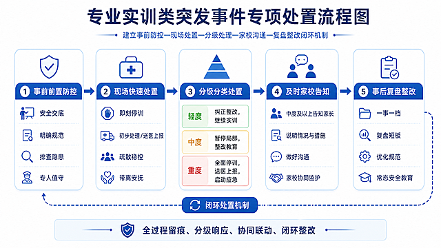 根据以下内容绘制专业实训类突发事件专项处置精简流程图，严格保持和最新版心理处置流程图完全一致的蓝白设计、排版布局与样式风格，包含五个核心环节，文字精简提炼，整体美观清晰：建立事前防控、现场处置、分级处理、家校沟通、复盘整改的闭环处置机制。1.事前前置防控：实训前安全交底，明确操作规范，排查场地隐患，安排专人全程值守，规范实操秩序，源头规避事故。2.现场快速处置：突发状况即刻停训，轻微意外初步处理后送医上报，险情迅速规整秩序疏散人群，情绪问题及时带离安抚。3.分级分类处置：轻度：现场纠正整改，安抚后继续实训；中度：暂停局部实训，整改规范，开展安全教育；重度：全面停训，送医上报，启动校园应急处置。4.及时家校告知：中度及以上突发情况，联系家长说明情况与处置措施，做好沟通，家校协同监护。5.事后复盘整改：一事一档全程留痕，复盘梳理短板，优化操作规范，常态化开展安全教育，杜绝同类事件复发。