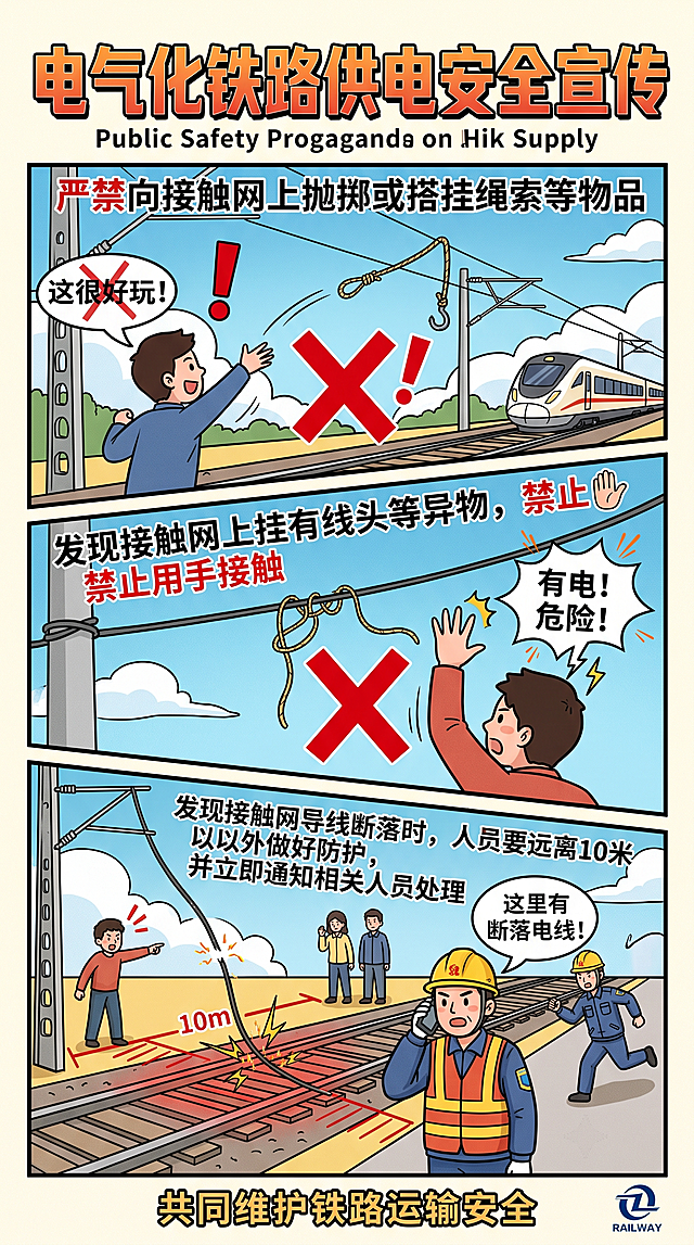 公共安全宣传漫画，主题展示：提醒大家严禁向接触网上抛掷或搭挂绳索等物品，发现接触网上挂有线头等异物不要接触，发现接触网导线断落时人员要远离10米以外做好防护，并通知相关人员处理，警示宣传风格漫画