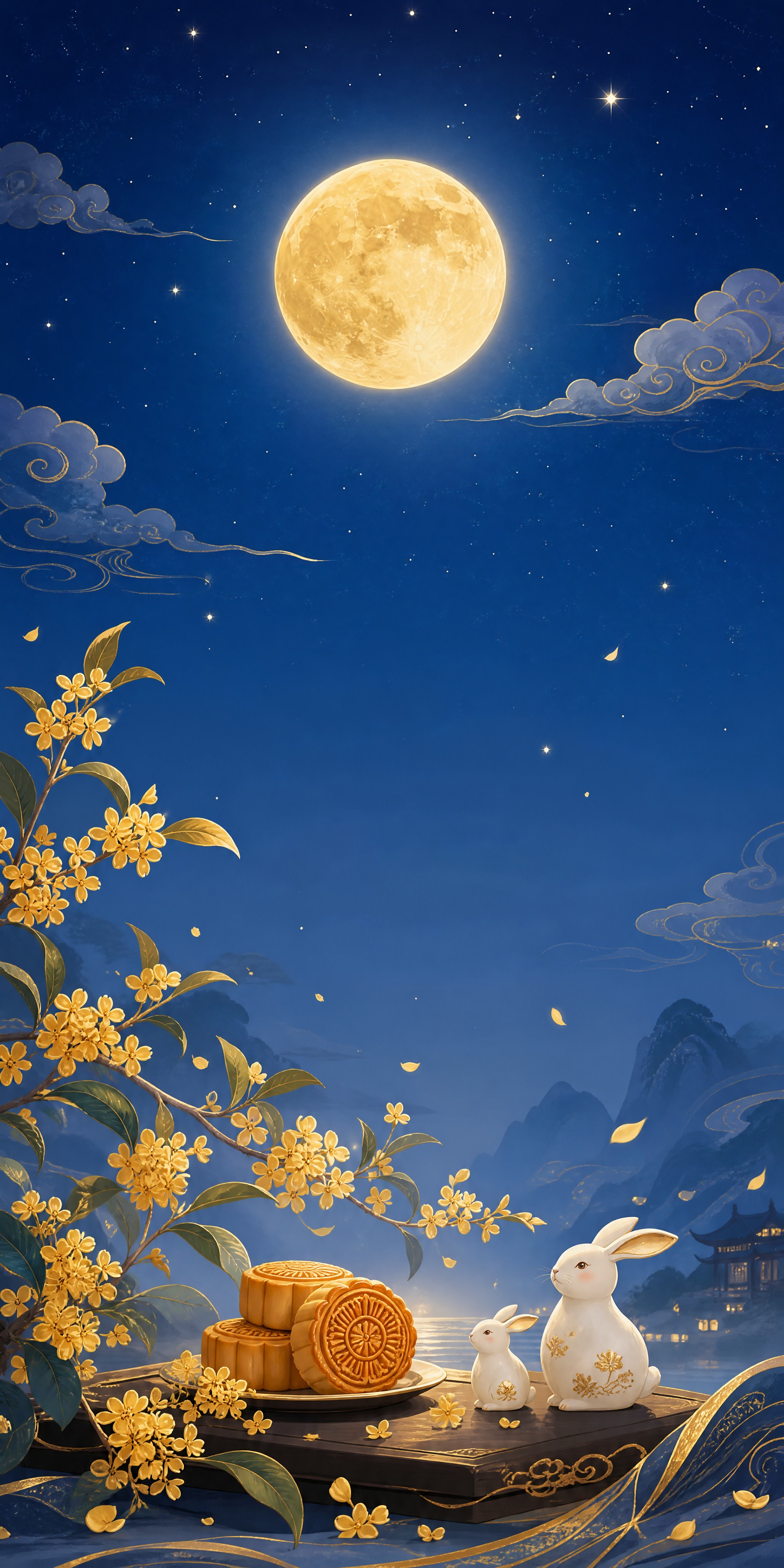 中秋节氛围的小程序主页背景图，竖版构图，画面上方是深蓝色夜空，… - 图片创意预览