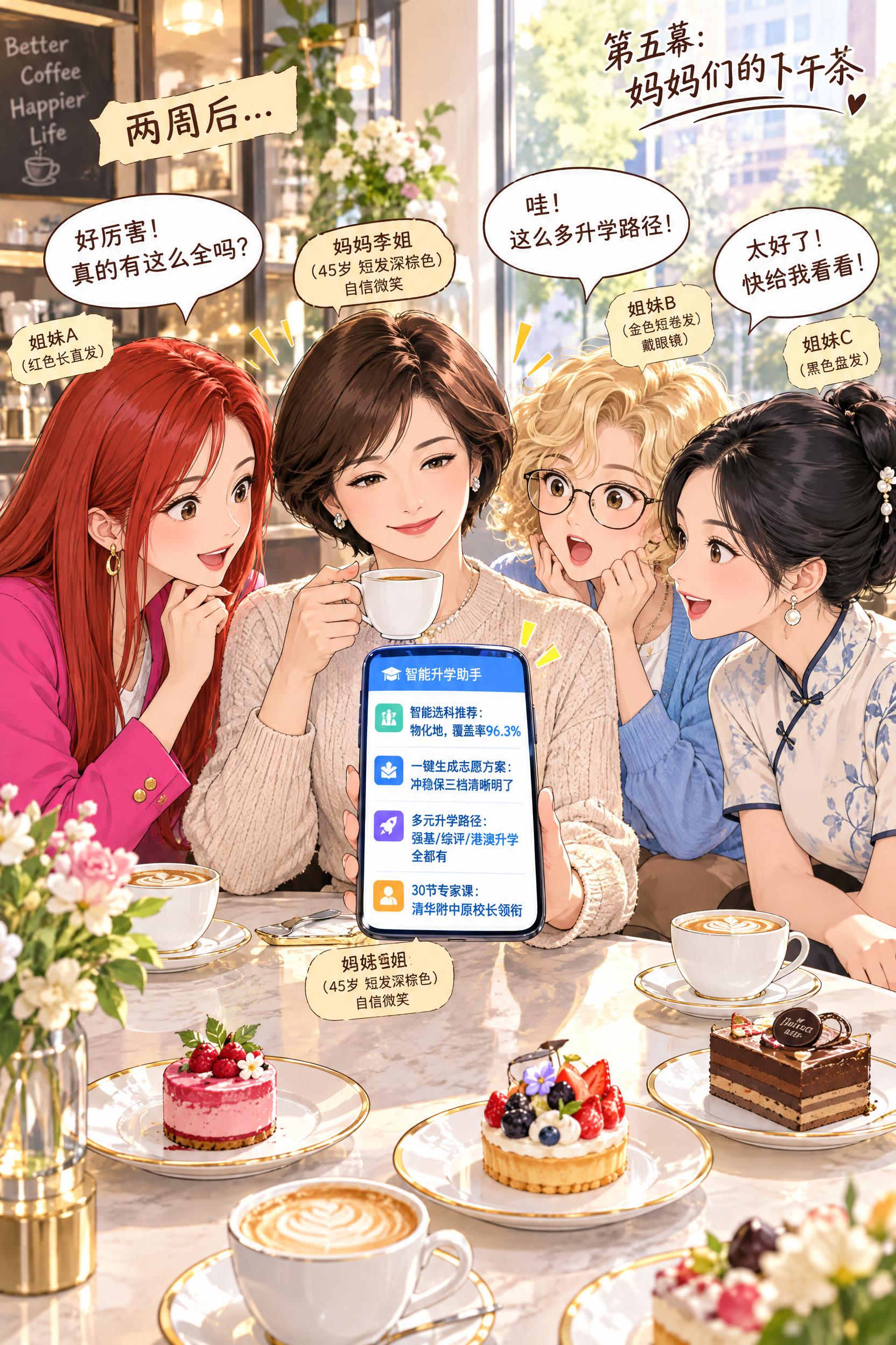 都市漫画风格，第五幕：妈妈们的下午茶。两周后，精致的咖啡馆下午… - 图片创意预览