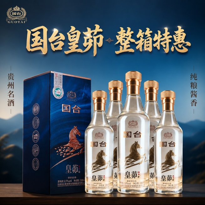 [单张主图] 国台皇茆53度酱香型白酒五瓶整箱装，高级氛围感主图，突出高端酱酒整箱性价比，保持每一瓶瓶身和包装盒上所有文字与设计完全不变。[画面主体] 保持五瓶白酒和外包装盒的外观、物理结构、玻璃材质预览效果