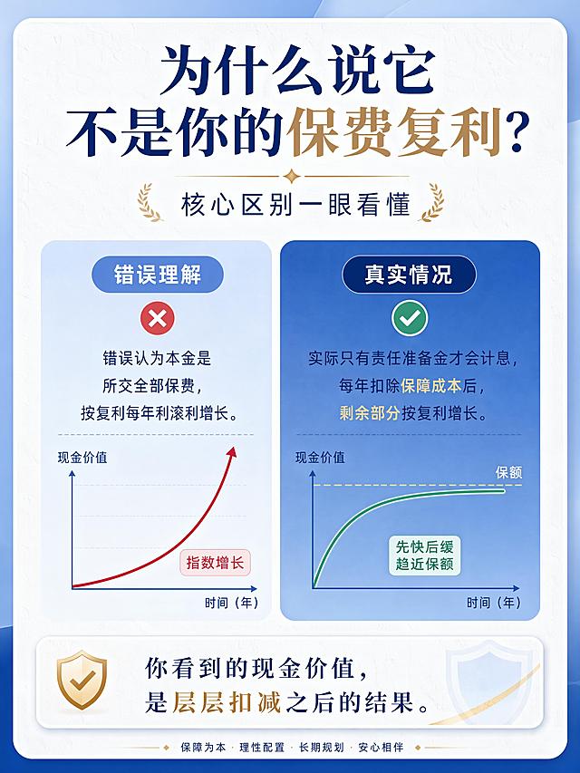 重疾险知识科普对比图，竖版卡片式排版专业风格。左右分栏对比错误理解和真实情况，左侧浅蓝色框标注「错误理解」，文字内容：错误认为本金是所交全部保费，按复利每年利滚利增长，配红色叉号和指数增长曲线示意图。右侧深蓝色框标注「真实情况」，文字内容：实际只有责任准备金才会计息，每年扣除保障成本后，剩余部分按复利增长，配绿色对勾和先快后缓趋近保额的增长曲线示意图。顶部主标题：「为什么说它不是你的保费复利？」，副标题：「核心区别一眼看懂」，底部总结文案：「你看到的现金价值，是层层扣减之后的结果」。整体风格：冷静专业保险蓝，搭配暖金色点缀，柔和渐变背景带细微纸张纹理，卡片式排版，大量留白，文字清晰，适合手机端阅读。
