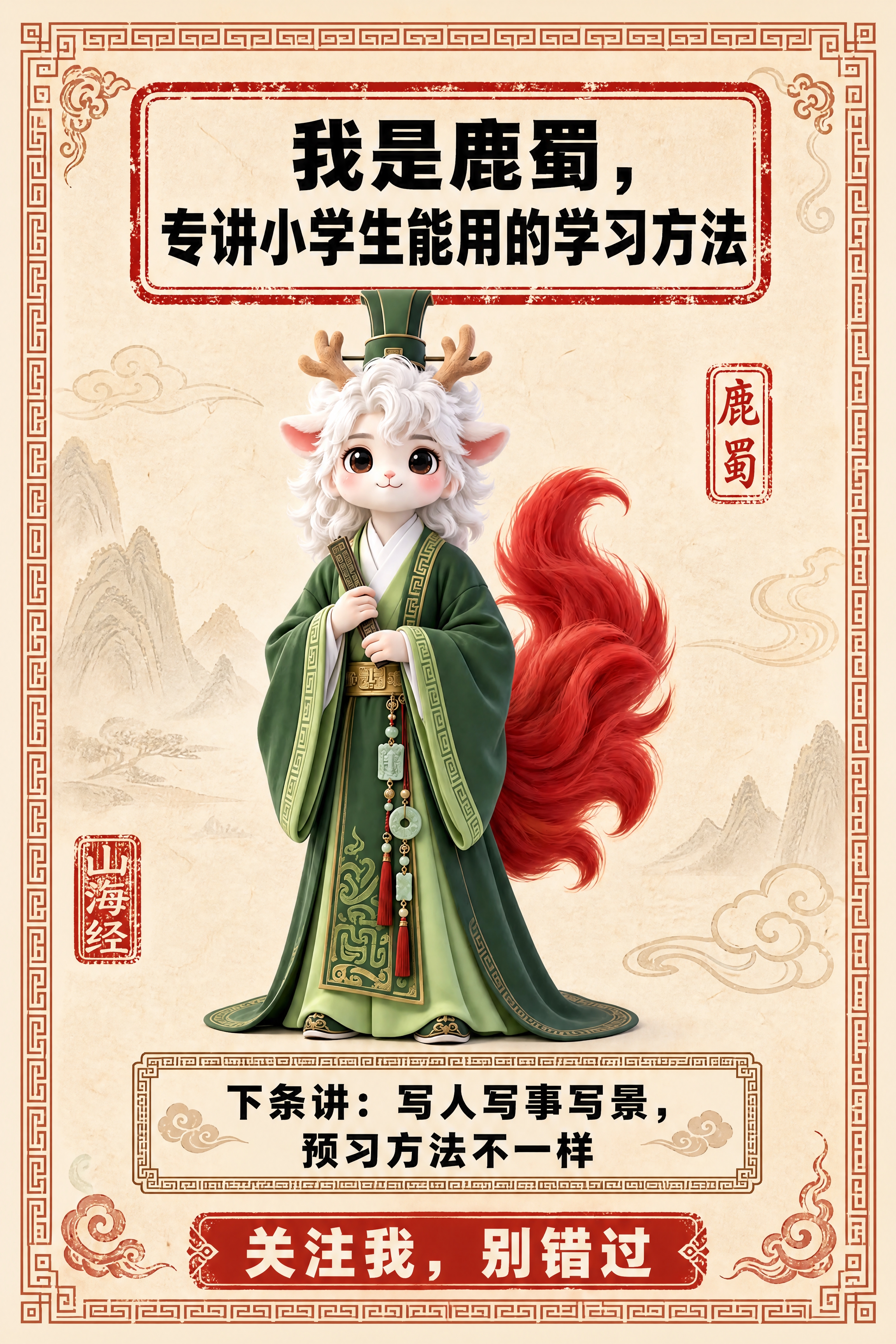 小红书笔记结尾页，统一模板，国风山海经风格，米黄色宣纸纹理背景… - 图片创意预览