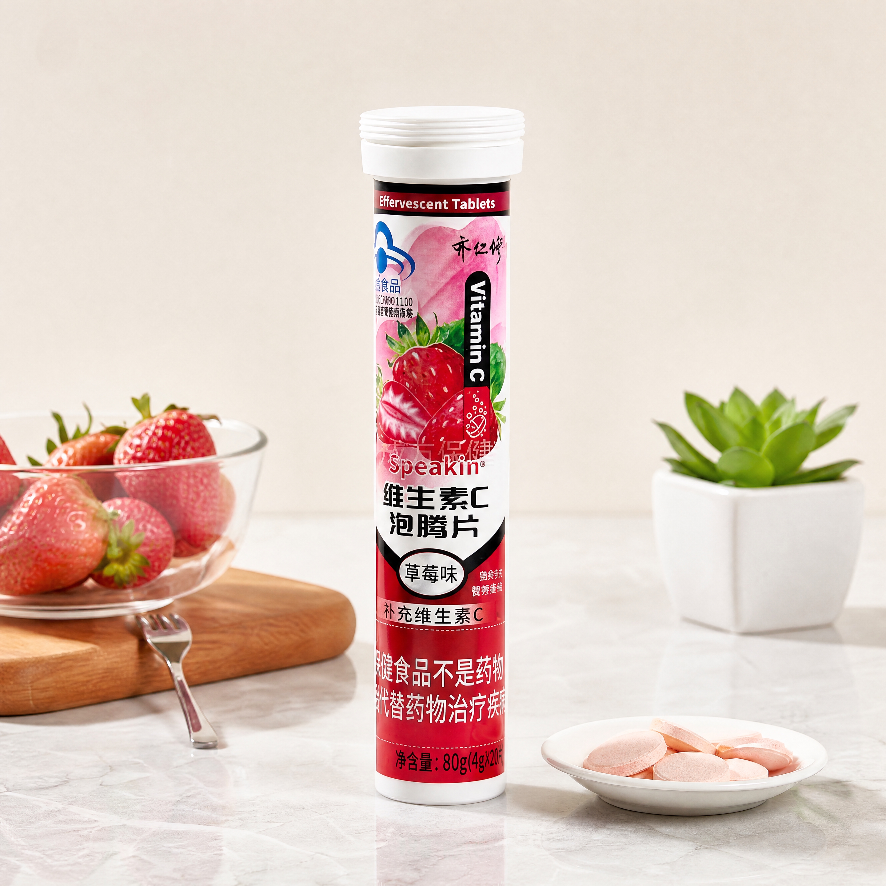 超写实食品商业摄影。 主体：维生素C泡腾片严格参照上传产品图，… - 图片创意预览