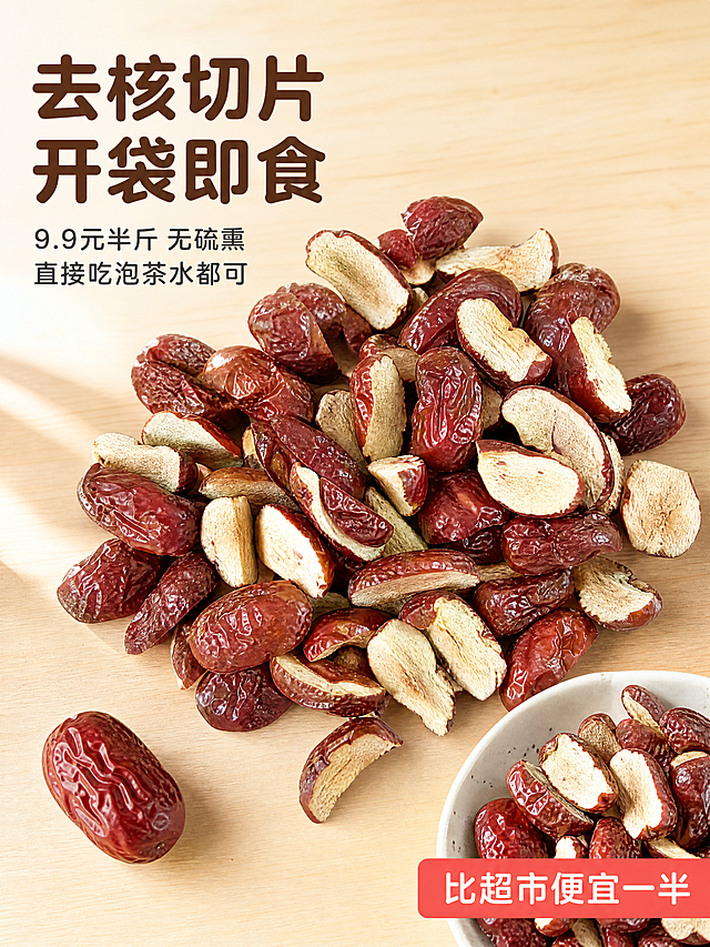 [第1屏] 详情页头图，去核无硫红枣片半斤装产品宣传海报。
[氛围/风格] 家常烟火食欲风，自然新鲜，拼多多接地气性价比风格，商业摄影质感。
[元素布局] 画面中上部使用【图2】红枣片俯拍图，红枣片自然堆成小山，占据画面约65%区域，保持自然暗红色、切片均匀、去核特征与输入产品图绝对一致，杜绝任何变形和色差，精细化处理。背景是浅棕色木质餐桌，左下角放一颗完整红枣，右下角放一个白瓷碗增加场景感，左上角预留主标题区域。整体无边框满铺，产品主体突出。
[光影质感] 自然暖阳从左侧照射，突出红枣皮褶皱纹理和果肉米黄色质感，整体光线柔和通透，红枣片间有自然阴影增加层次，高光不溢色，暗部有细节，食欲感强。
[配色色系] 全局底色：#F5F0E6（浅木色桌面）；主体配色：红枣自然暗红色+果肉米黄色；辅助色：完整红枣深红+白瓷碗洁白色；文字：深棕色主标题+深灰色副标题，保持和产品统一色系。
[视角构图] 俯视角度，红枣堆居中偏下，左上标题区，阅读动线从上到下，符合移动端竖屏浏览习惯。
[文字版式] 左上区域左对齐留安全边距，主标题 "去核切片 开袋即食" 深棕色粗体，字号占画面宽度8%；副标题 "9.9元半斤 无硫熏 直接吃泡茶水都可" 深灰色，字号约主标题50%，行间距宽松；右下角浅红圆角标签 "比超市便宜一半" 米白色文字。文字不遮挡主体红枣，清晰易读，符合拼多多风格。字形选择圆角黑体，主副标题深棕色，纯色填充，全套沿用此设定。
[比例分辨率] 3:4 竖版比例，4K分辨率，文字清晰可辨，超高清。
[负向提示词] 变形，水印，文字错乱，缺件错件，结构错误，颜色偏差，过度染色，产品图模糊，背景杂乱，绝对化宣传。