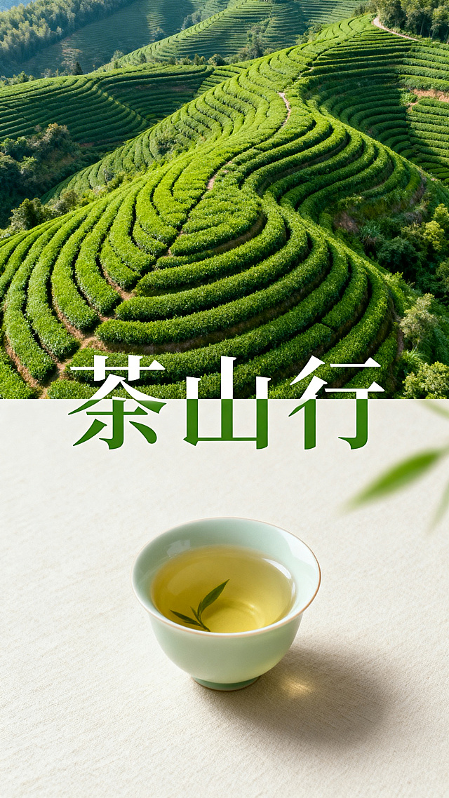 设计一张茶山行主题海报，参考参考图风格，上半部分是绿色茶山梯田航拍图，下半部分是浅色背景搭配一杯清茶，文字内容为“茶山行”，整体风格清新自然，绿色为主色调，简约高级